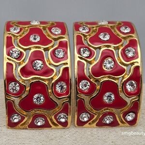 Red Enamel & Rhinestone Hoop Earrings Sparkly Statement Gorgeous